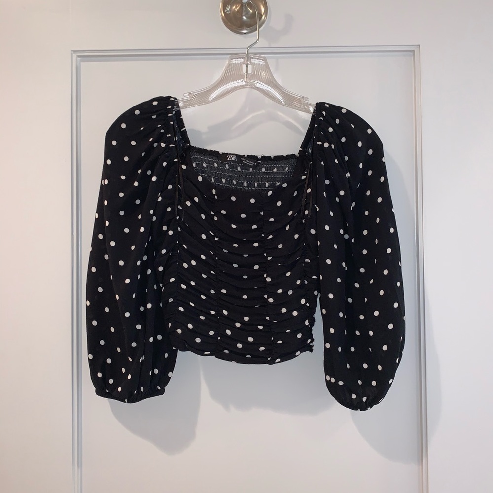 Zara Black Crop Top w/ White Polka Dots | SZ US S - Picture 2 of 9